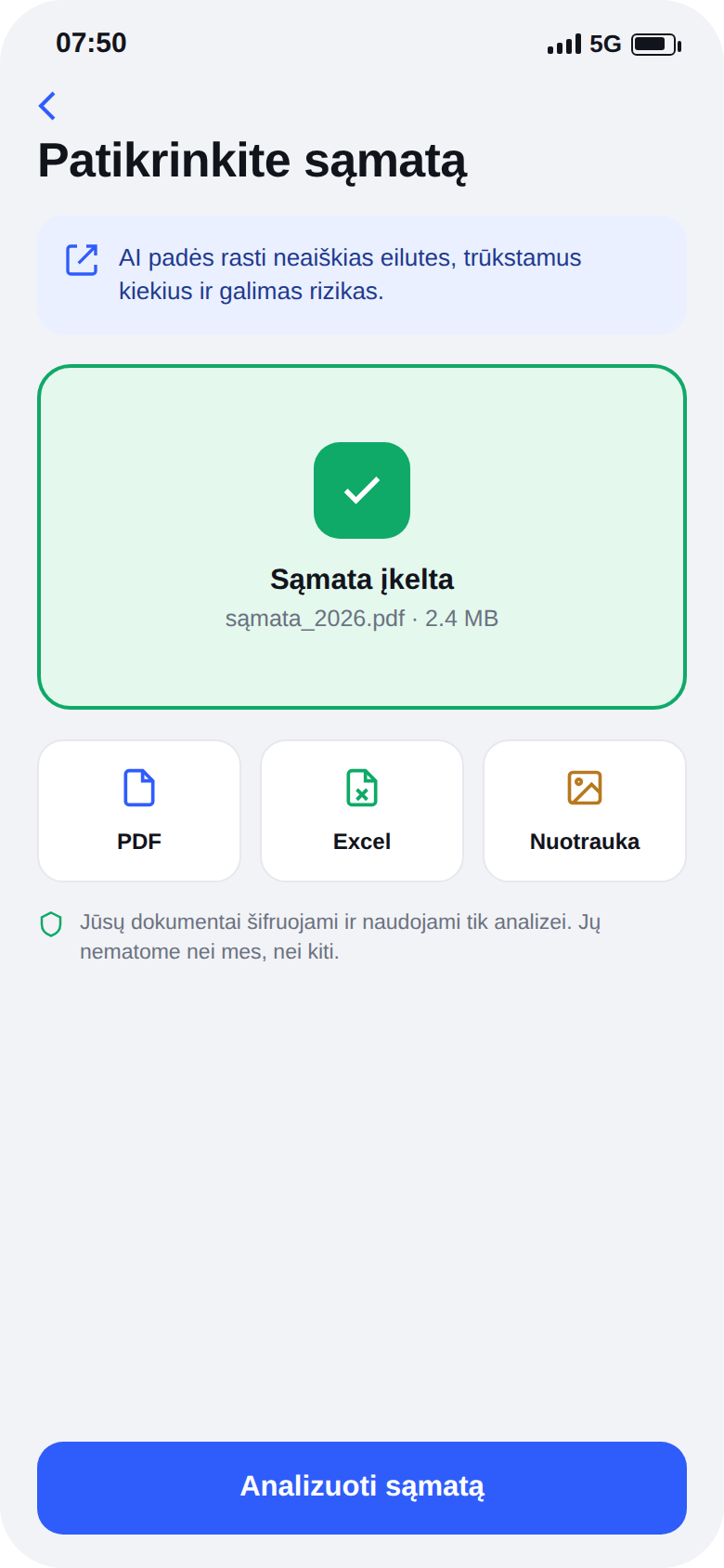 Sąmatos įkėlimas